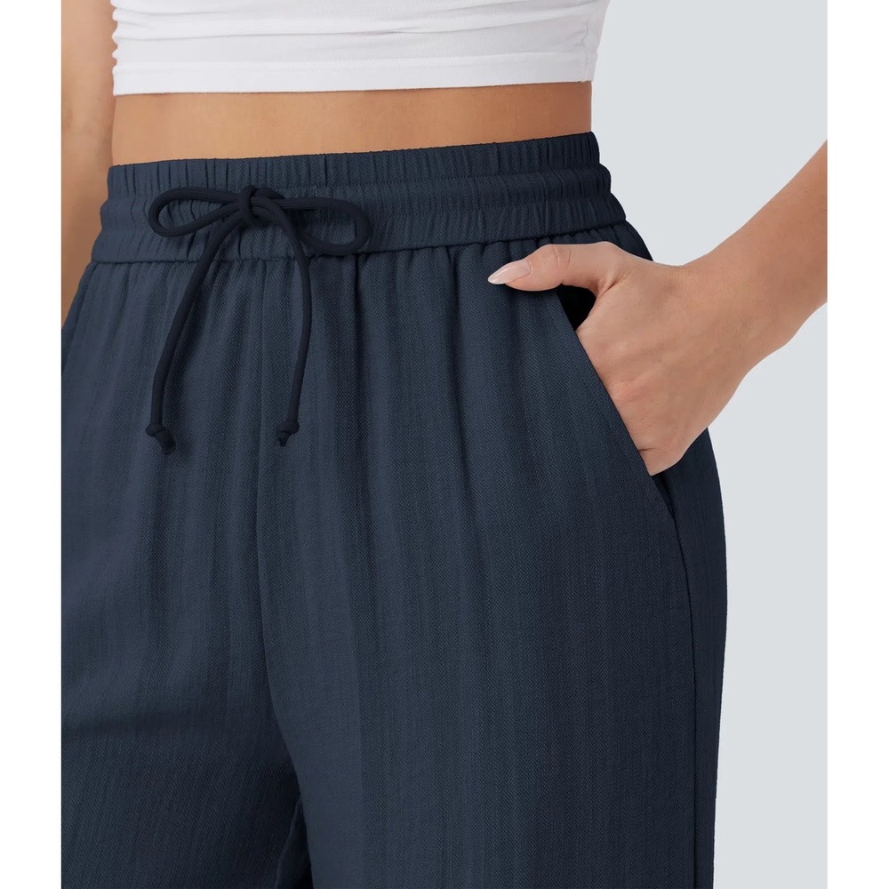 Halara Linen Feel Trousers Navy Size M Regular Wide Leg High Waist Drawstring